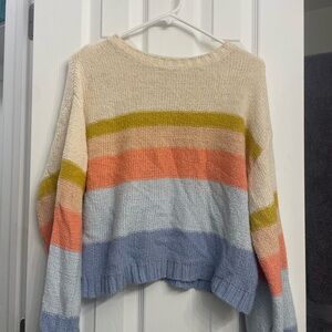 Cropped Cream Crewneck Sweater with Pastel Stripes